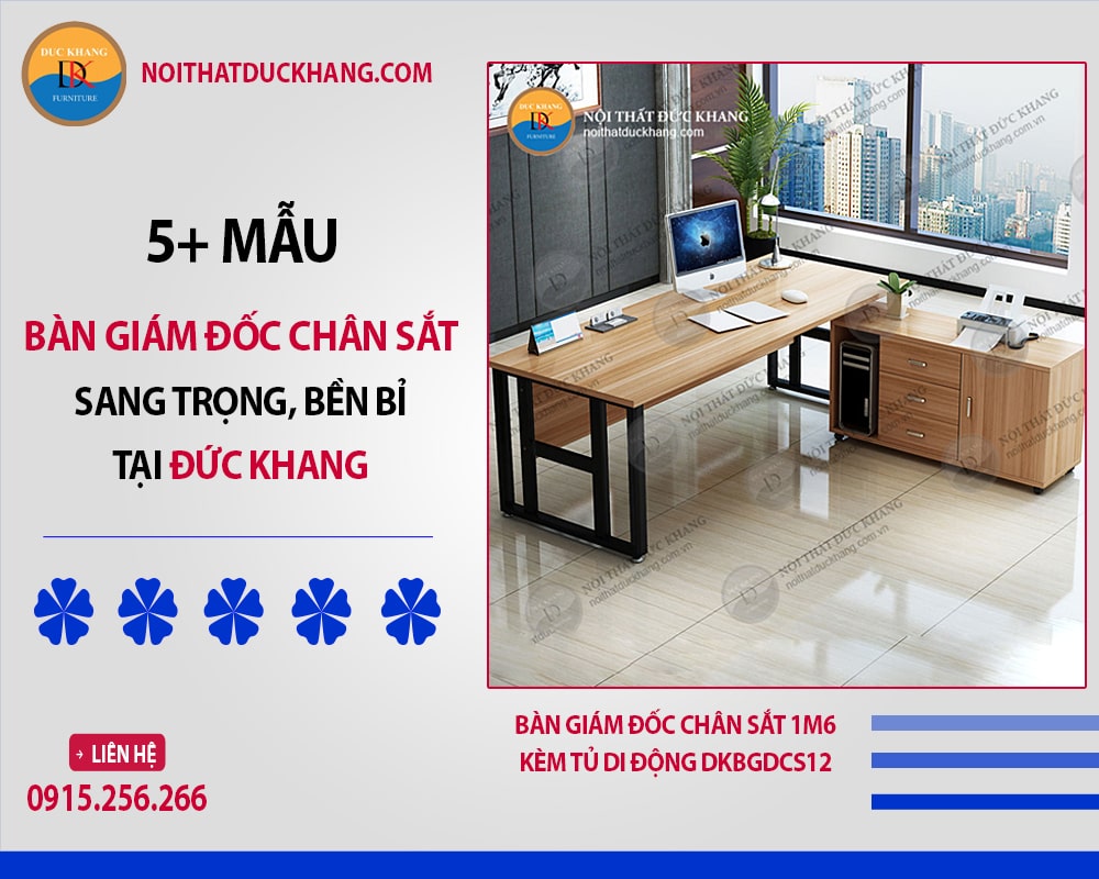 Bàn giám đốc chân sắt 1m6 kèm tủ di động DKBGDCS12
