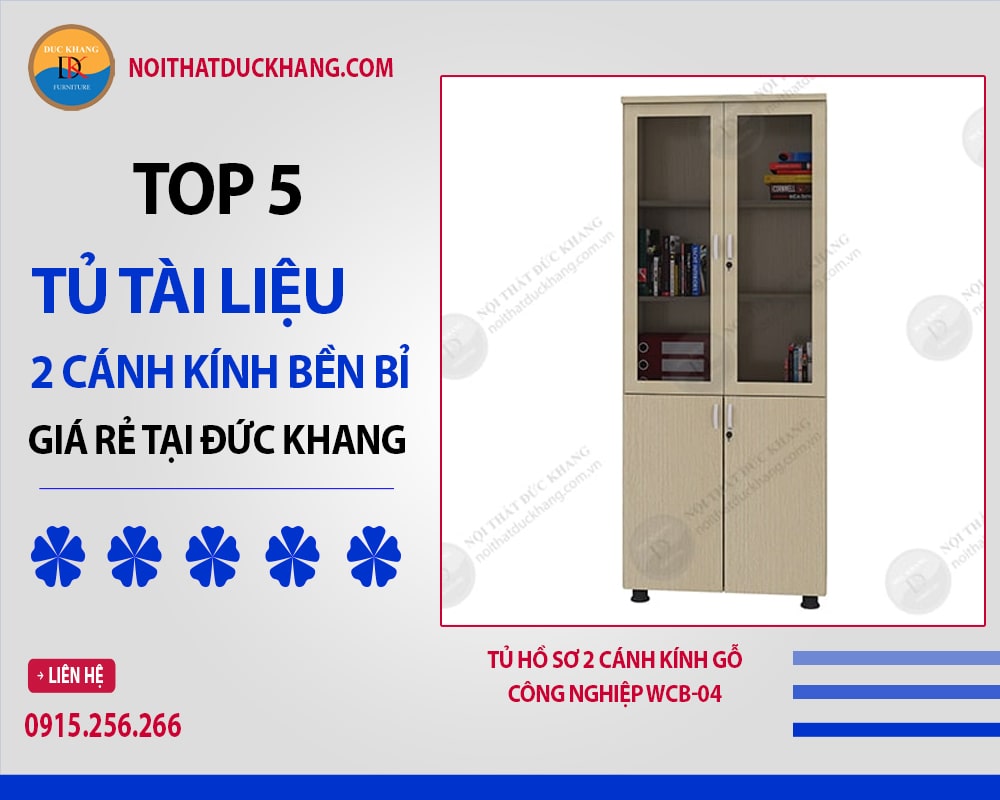 Tủ hồ sơ 2 cánh kính gỗ công nghiệp WCB-04