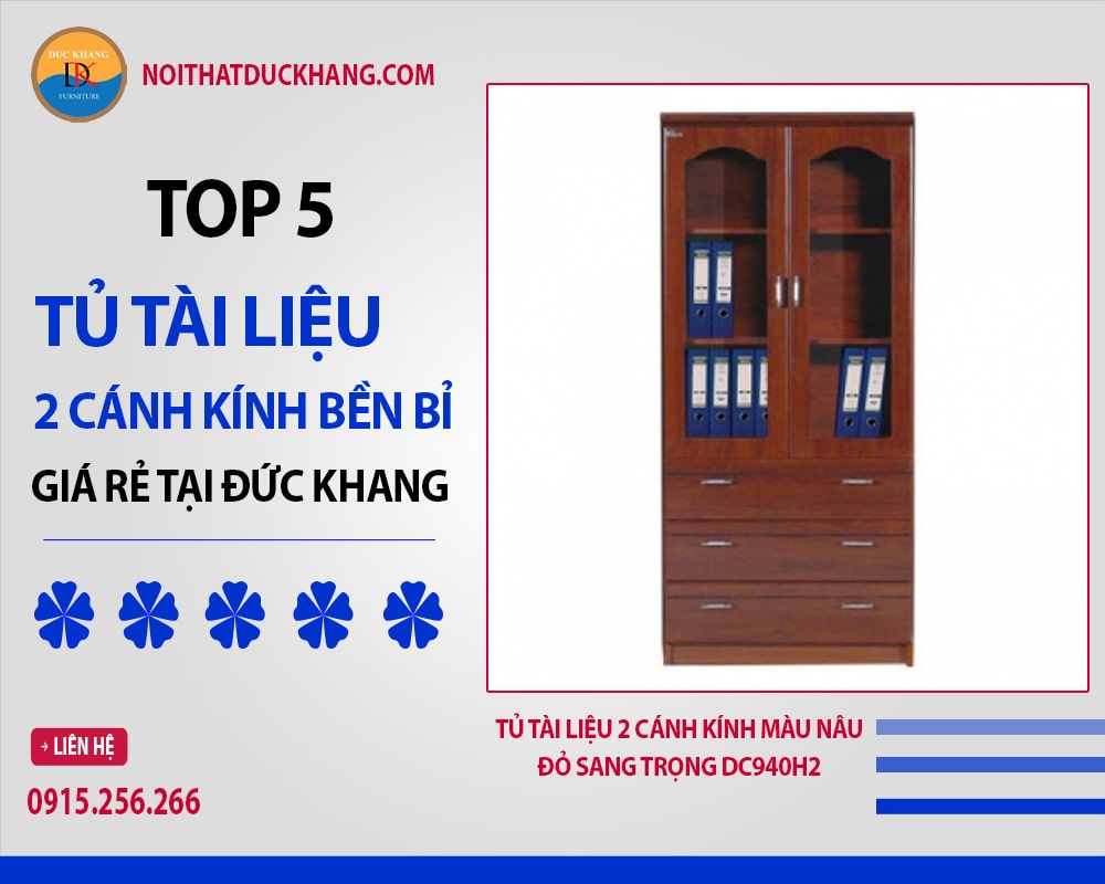 Tủ tài liệu 2 cánh kính màu nâu đỏ sang trọng DC940H2