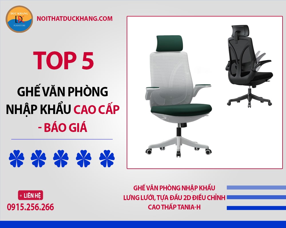 Ghế văn phòng nhập khẩu lưng lưới, tựa đầu 2D điều chỉnh cao thấp Tania-H