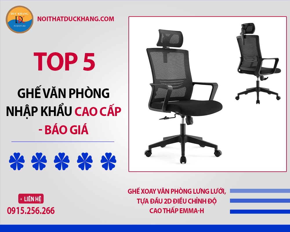 Ghế xoay văn phòng lưng lưới, tựa đầu 2D điều chỉnh độ cao thấp Emma-H