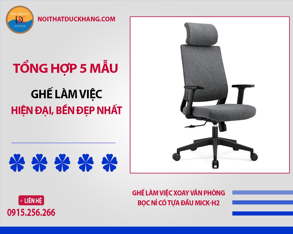 Ghế làm việc xoay văn phòng bọc nỉ có tựa đầu Mick-H2