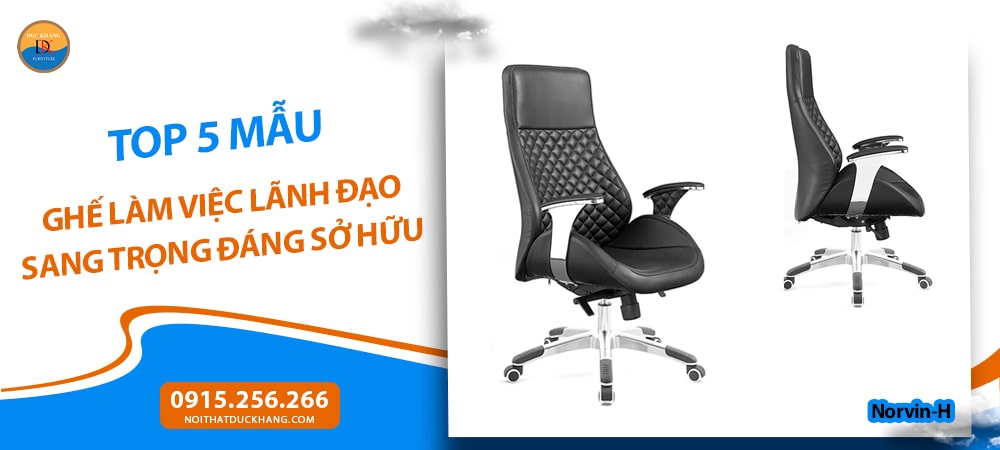 Ghế làm việc lãnh đạo chân xoay lưng cao, tay vịn bọc da Norvin-H