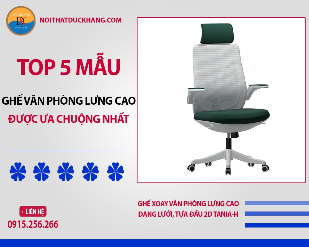 Ghế xoay văn phòng lưng cao dạng lưới, tựa đầu 2D Tania-H